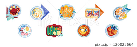 Different Food and Delicious Served Dish on Plate Vector Set 120823664