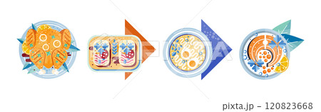 Different Food and Delicious Served Dish on Plate Vector Set 120823668