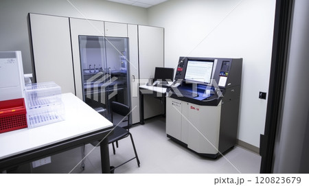 A modern genetic testing lab featuring advanced DNA sequencing machines, a workstation displaying genetic data on computers, and a centrifuge for sample preparation. The room has white walls 120823679