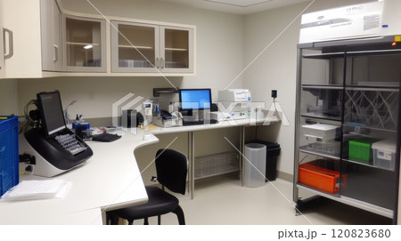 A modern genetic testing lab featuring advanced DNA sequencing machines, a workstation displaying genetic data on computers, and a centrifuge for sample preparation. The room has white walls 120823680