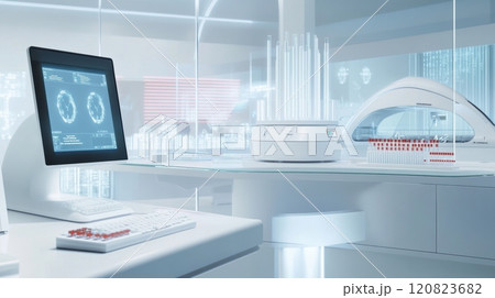 A modern genetic testing lab featuring advanced DNA sequencing machines, a workstation displaying genetic data on computers, and a centrifuge for sample preparation. The room has white walls 120823682