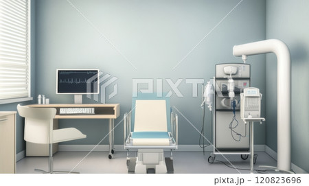 A respiratory therapy room equipped with a pulmonary function test machine, nebulizers, and oxygen therapy equipment. The room features a patient examination chair 120823696
