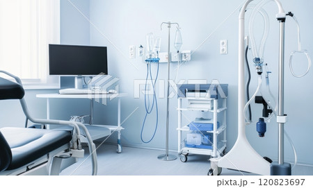 A respiratory therapy room equipped with a pulmonary function test machine, nebulizers, and oxygen therapy equipment. The room features a patient examination chair 120823697