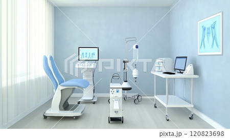 A respiratory therapy room equipped with a pulmonary function test machine, nebulizers, and oxygen therapy equipment. The room features a patient examination chair 120823698