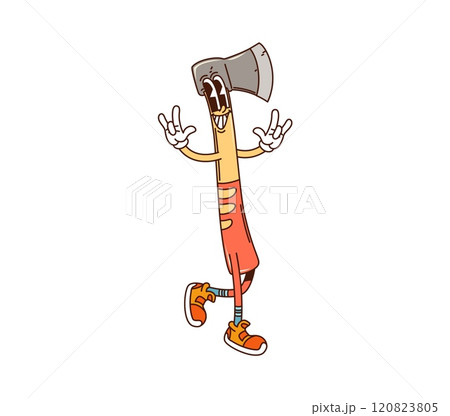Groovy work tool or DIY cartoon character of axe with funny face, vector emoji. Groovy axe work tool of building and carpentry or repair with happy smile and funky gesture as retro cartoon character 120823805