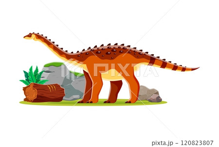 Cartoon prehistoric aegyptosaurus dinosaur character. Isolated vector titanosaurian sauropod dino from Late Cretaceous period. Ancient long-necked herbivore reptile animal at lush landscape with rocks Cartoon prehistoric aegyptosaurus dinosaur character. Isolated vector titanosaurian sauropod dino from Late Cretaceous period. Ancient long-necked herbivore reptile animal at lush landscape with rocks 120823807