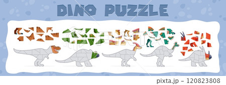 Kids game, prehistoric dinosaur animal jigsaw puzzle maze vector worksheet. Cartoon cute tyrannosaurus rex, styracosaurus, lambeosaurus and avaceratops dinosaur animal characters matching game quiz 120823808