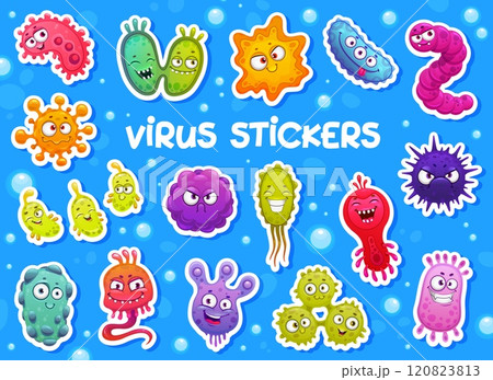 Cartoon virus characters, bacteria and germ stickers. Cute monsters of virus cells, microbes and bacterium vector personages. Stickers pack of funny microorganism or happy infection disease pathogens Cartoon virus characters, bacteria and germ stickers. Cute monsters of virus cells, microbes and bacterium vector personages. Stickers pack of funny microorganism or happy infection disease pathogens 120823813