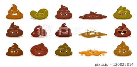 Cartoon poop emoji, poo characters with funny faces, sunglasses and cute smiles. Happy poop and excrement vector emojis, brown toilet shit and stinky poo emoticons. Isolated piles of crap and feces Cartoon poop emoji, poo characters with funny faces, sunglasses and cute smiles. Happy poop and excrement vector emojis, brown toilet shit and stinky poo emoticons. Isolated piles of crap and feces 120823814