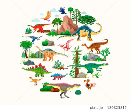 Prehistoric dinosaurs, cartoon vector dino characters in round isolated shape amidst Jurassic era landscape with palm trees, ferns , plants and rocks. Paleontology science reptile animal creatures 120823815
