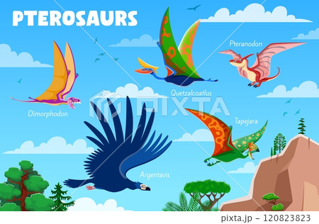 Prehistoric dinosaur flying pterosaur characters vector extinct dinosaur birds. Cartoon funny pteranodon, dimorphodon and argentavis, quetzalcoatlus and tapejara dinosaur personages flying in blue sky 120823823