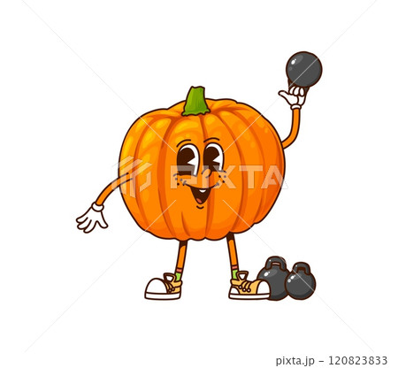 Cartoon groovy pumpkin vegetable character workout with dumbbells on fitness sport. Isolated vector funny healthy food, ripe gourd veggie sportsman retro farm personage enjoying exercises with weight 120823833