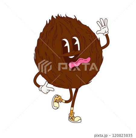 Groovy coconut character. Isolated cartoon vector tropical fruit or nut retro personage with quirky face and sticking tongue, wearing sneakers, representing a playful y2k hippie vibe and healthy food Groovy coconut character. Isolated cartoon vector tropical fruit or nut retro personage with quirky face and sticking tongue, wearing sneakers, representing a playful y2k hippie vibe and healthy food 120823835