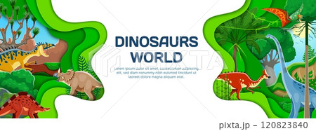 Prehistoric dinosaurs paper cut banner. Cartoon dino animal characters in a tropical jungle forest Jurassic era landscape with vines, trees and vivid nature inside of 3d vector layered papercut frame Prehistoric dinosaurs paper cut banner. Cartoon dino animal characters in a tropical jungle forest Jurassic era landscape with vines, trees and vivid nature inside of 3d vector layered papercut frame 120823840