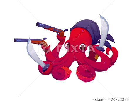 Cartoon funny octopus pirate animal character. Isolated vector menacing kraken sailor brandishing guns and sabers, its tentacles swirling with mischief, ready for a nautical adventure on the high seas 120823856