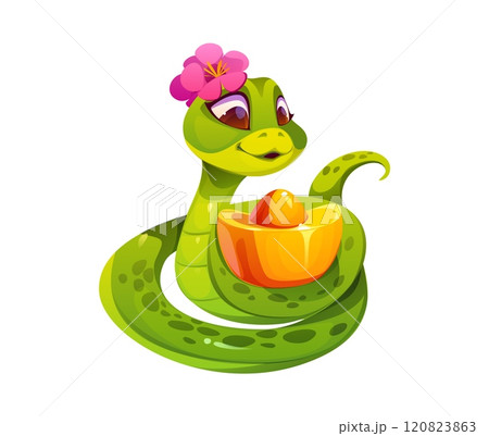 Cartoon green snake character adorned with a flower, wrapped around of traditional Chinese gold ingot, symbolizing Lunar New Year 2025 celebration, prosperity, wealth, happiness and holiday spirit Cartoon green snake character adorned with a flower, wrapped around of traditional Chinese gold ingot, symbolizing Lunar New Year 2025 celebration, prosperity, wealth, happiness and holiday spirit 120823863