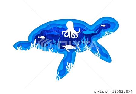 Paper cut underwater landscape with turtle silhouette frame borders, vector sea animals and fish. Tropical coral reef paper cut underwater landscape with octopus, shark, sea turtle and seaweed 120823874