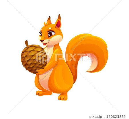 Cartoon squirrel character holds a large pine cone. Isolated vector cute and funny woodland rodent animal with bright orange fur, fluffy tail, and an adorable expression, holding pinecone ready to eat 120823883