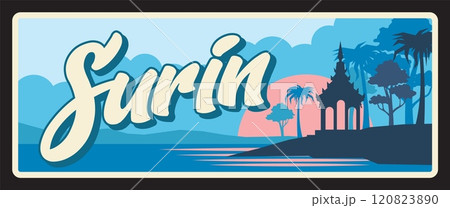 Surin province of Thailand vector travel plate and tin sign. Mun river, banaba flower and leaf ornaments of Thai provincial seal, Asian travel and tourism design of nature landscape 120823890