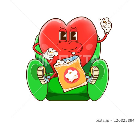Groovy cartoon heart character eating popcorn in cinema chair, vector cute emoji. Valentine day, love and wedding groovy heart character with happy face eating popcorn, sitting on sofa watching movie 120823894