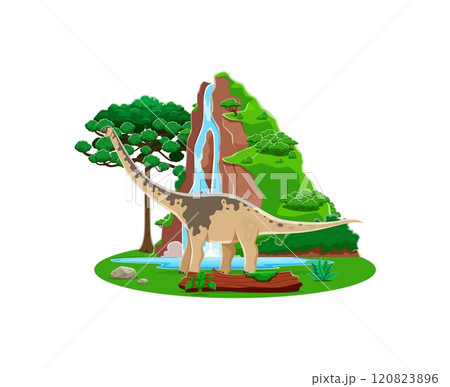 Paralititan prehistoric dinosaur character roaming at serene nature scene. Cartoon vector friendly dino sauropod standing at Jurassic era landscape with lush flora, tall tree, ferns and waterfall 120823896