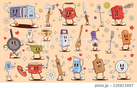 Retro cartoon groovy kitchenware, dishware and utensils characters. Psychedelic hippie kitchen tool vector personages, cooking pot, spoon, fork and knife. Funky cup, grater and glass groovy characters Retro cartoon groovy kitchenware, dishware and utensils characters. Psychedelic hippie kitchen tool vector personages, cooking pot, spoon, fork and knife. Funky cup, grater and glass groovy characters 120823897