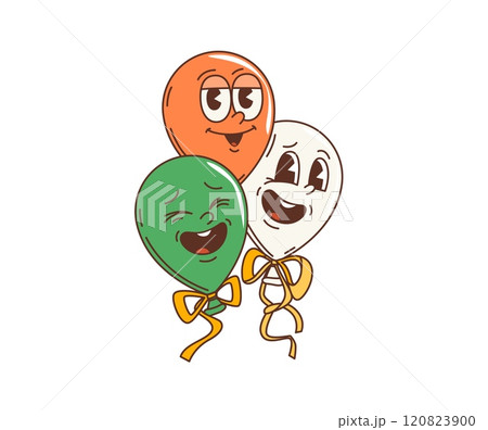 Cartoon retro groovy balloons character for Saint Patrick Day holiday, vector characters. Happy funny groovy balloon with faces and Irish flag colors on ribbons for St Patrick Day holiday in Ireland 120823900