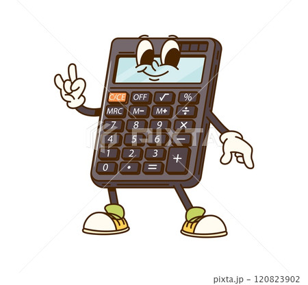 Groovy calculator school education and stationery character. Isolated cartoon vector fun office supplies personage with smiling happily, ready for math lesson and calculation tasks with retro vibes 120823902