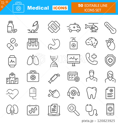 Medical outline icons with editable stroke collection. Medical outline icons with editable stroke collection. 120823925