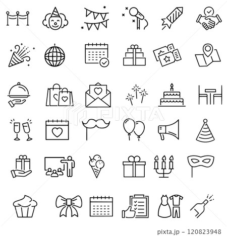 Event planning web icons in line style. Food drinks, flowers, sport tickets, picnic tent. 120823948