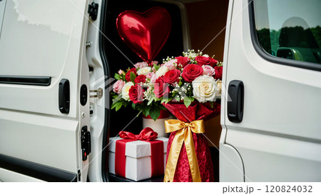 Close-up view open side door of a white delivery minivan with gift boxes with red ribbons, bouquet of roses, and a heart-shaped red balloon 120824032