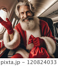 Portrait of smiling Santa Claus in luxurious cabin of his plane. Santa flies for Christmas holidays 120824033