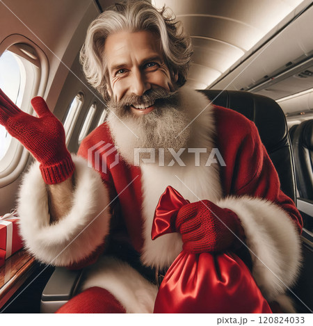 Portrait of smiling Santa Claus in luxurious cabin of his plane. Santa flies for Christmas holidays 120824033