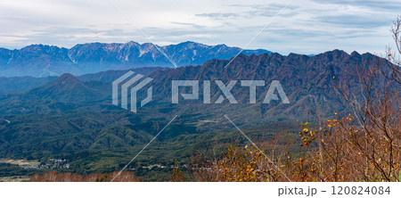 秋の飯綱山山頂からの風景　戸隠連峰と北アルプス白馬三山　　長野市　長野県　日本 120824084