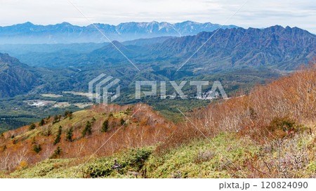 秋の飯綱山山頂からの風景　戸隠連峰と北アルプスの絶景　　長野市　長野県　日本 120824090