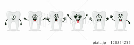 Adorable Tooth Characters Showing Different Emotions. Flat Vector Tooth Illustration - Happy, Excited, Sad, Scared Expressions. Cute Tooth Design Templates for Dental Logos, Marketing, Dental Branding Adorable Tooth Characters Showing Different Emotions. Flat Vector Tooth Illustration - Happy, Excited, Sad, Scared Expressions. Cute Tooth Design Templates for Dental Logos, Marketing, Dental Branding 120824255