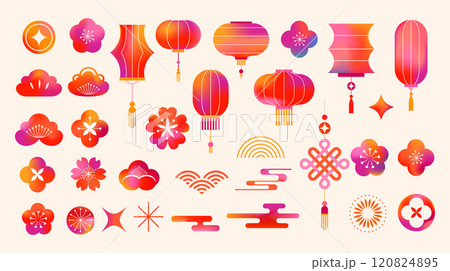 Chinese, Asian abstract colorful elements, flowers, lucky coins, Chinese lanterns, background for 120824895