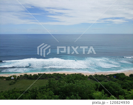 top view of a sandy beach on a green desert island in the ocean top view of a sandy beach on a green desert island in the ocean 120824930
