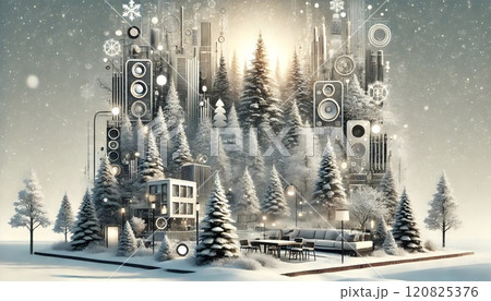 Traditional snowy forest with modern elements, including gadgets and soft lighting. A perfect blend of nature and urbanism for creative projects and holiday decor. 120825376
