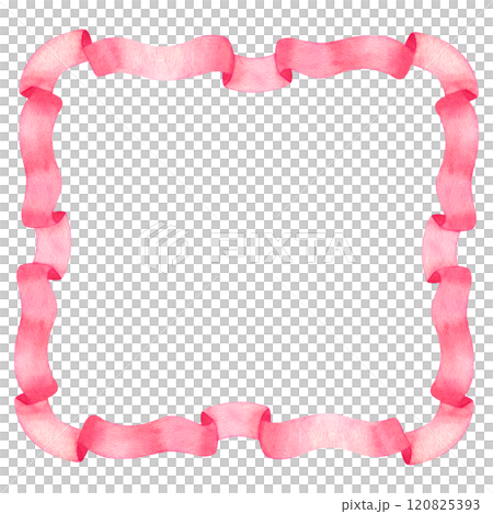 Pink frame of vintage ribbon, square border. For valentine's day, gender reveal party, baby shower, wedding. Hand drawn watercolor illustration on white background. Card empty space inside Pink frame of vintage ribbon, square border. For valentine's day, gender reveal party, baby shower, wedding. Hand drawn watercolor illustration on white background. Card empty space inside 120825393