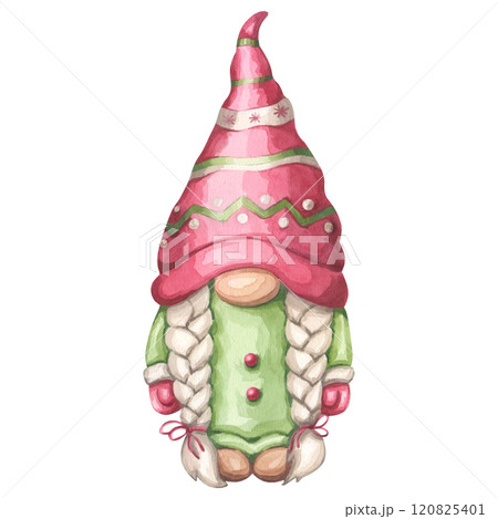 Cute Christmas gnome girl with pigtailed, red hat and green dress. A magical Scandinavian character for the New Year. Hand draw watercolor illustration isolated on white background. Perfect postcard Cute Christmas gnome girl with pigtailed, red hat and green dress. A magical Scandinavian character for the New Year. Hand draw watercolor illustration isolated on white background. Perfect postcard 120825401