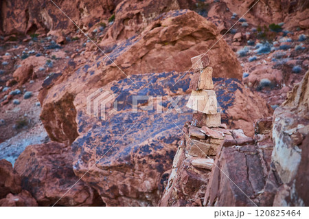 Desert Cairn in Valley of Fire Tranquil Eye-Level Perspective Desert Cairn in Valley of Fire Tranquil Eye-Level Perspective 120825464