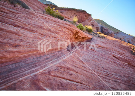 Striated Sandstone Formations in Valley of Fire Low Angle View Striated Sandstone Formations in Valley of Fire Low Angle View 120825485
