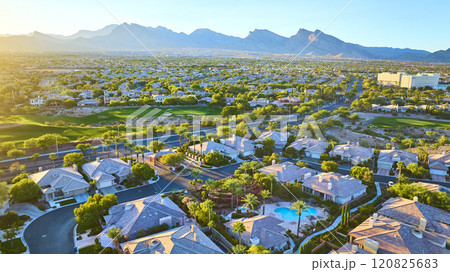 Aerial of Las Vegas Suburban Oasis at Golden Hour 120825683