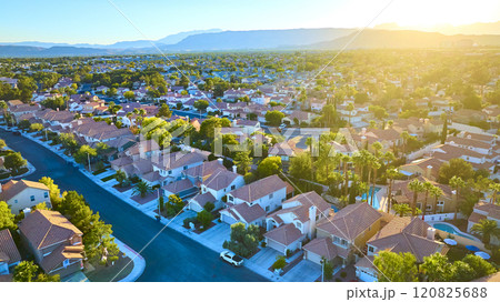 Aerial of Suburban Las Vegas Neighborhood at Golden Hour 120825688