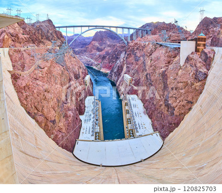 Hoover Dam and Bridge Over Colorado River Aerial Panorama Hoover Dam and Bridge Over Colorado River Aerial Panorama 120825703