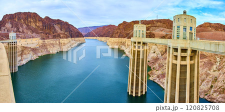 Hoover Dam and Lake Mead Amidst Red Cliffs Eye-Level View 120825708