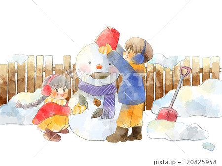 子供が雪だるまを作っているイラスト 手描き 水彩風のイラスト素材