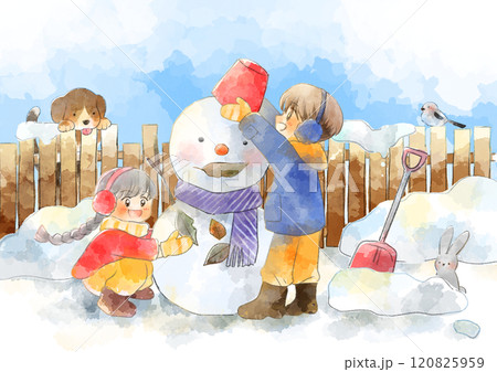 子供が雪だるまを作っているイラスト 手描き 水彩風のイラスト素材