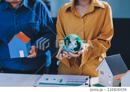 ESG environmental social governance display on laptop on eco-friendly company meeting with business people implementing environmental protection for clean and sustainable future ecology. Trailblazing 120826036